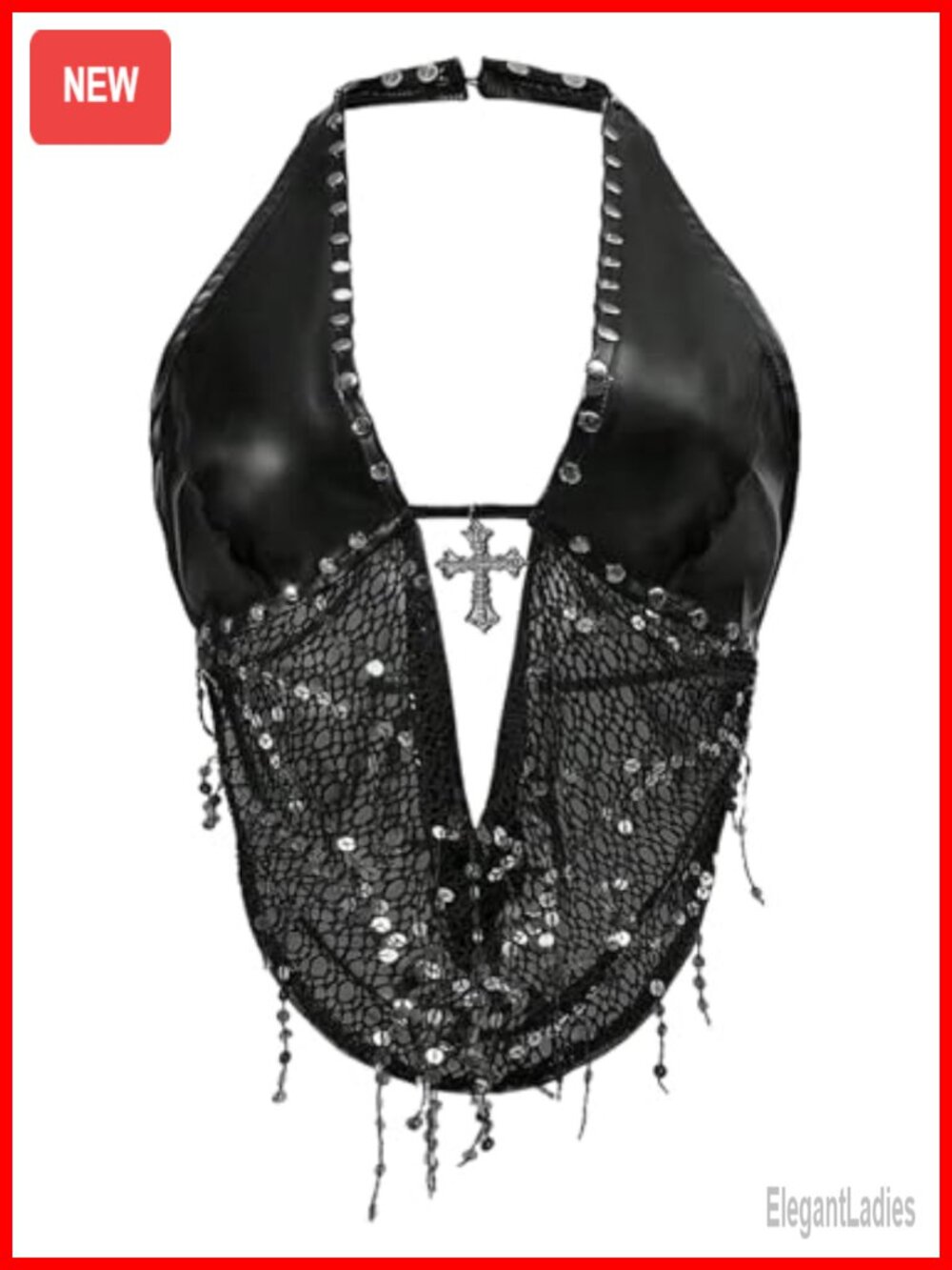 Women's Plus Size Faux Leather Halter Sequin Backless Tank Top